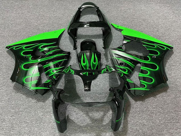 Carenados Moto Kawasaki ZX6R 2000-2002 - Negro Brillante Verde Llama