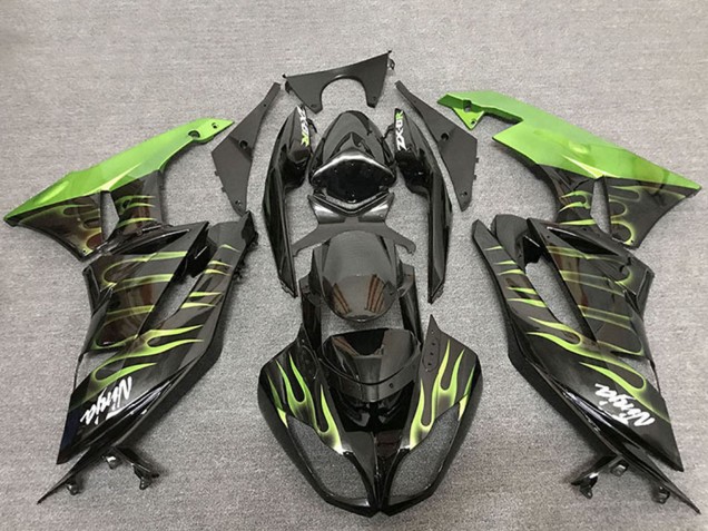 Carenados Moto Kawasaki ZX6R 2009-2012 - Negro Brillante Verde Llama