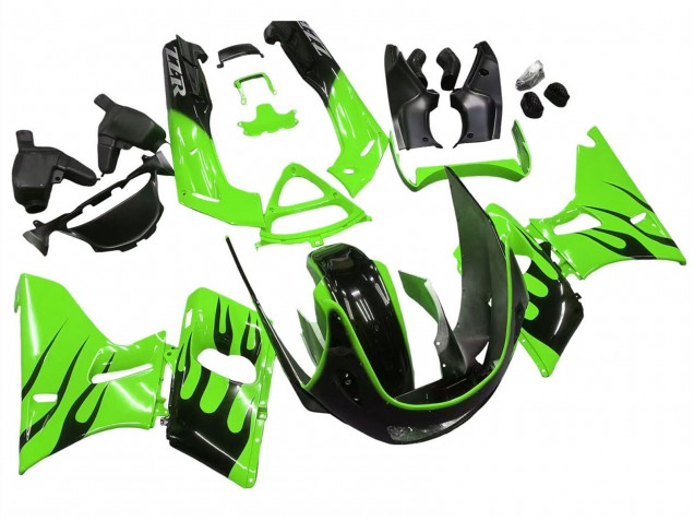 Carenado Moto Kawasaki ZZR400 1993-2007 - Verde Negro Brillante Llama
