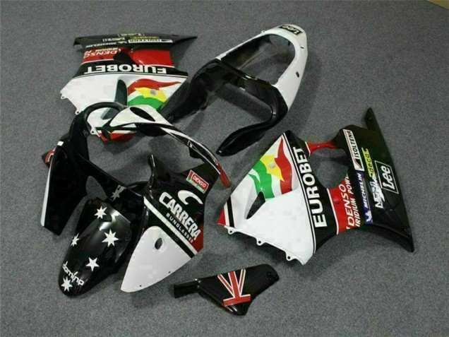Carenado Moto Kawasaki ZX6R 2000-2002 - Blanco Rojo Amarillo Verde Negro Brillante Estrella EuroBet