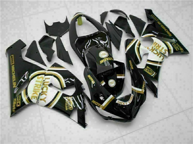 Carenado Moto Kawasaki ZX6R 2005-2006 - Negro Brillante Blanco Oro Lucky Strike