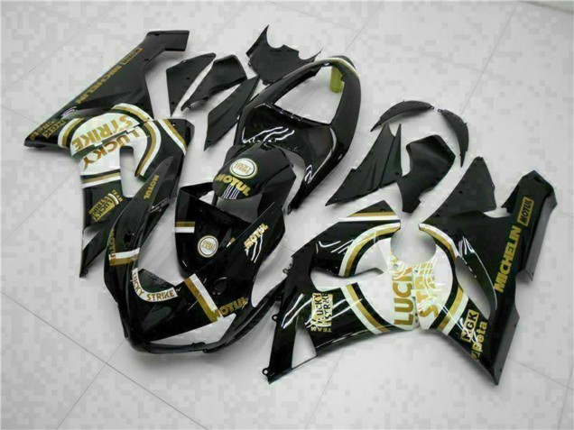 Carenado Moto Kawasaki ZX6R 2005-2006 - Negro Brillante Blanco Oro Lucky Strike