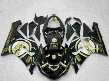 Carenado Moto Kawasaki ZX6R 2005-2006 - Negro Brillante Blanco Oro Lucky Strike