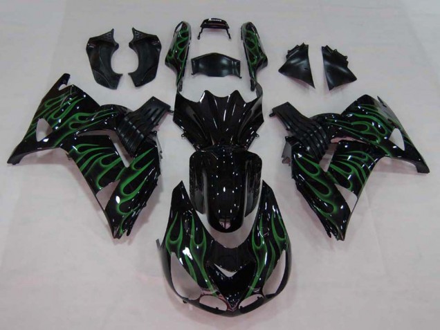 Carenados Moto Kawasaki ZX14R ZZR1400 2006-2011 - Negro Brillante Verde Llama