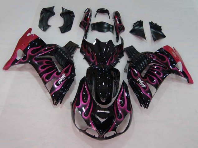 Carenado Moto Kawasaki ZX14R ZZR1400 2006-2011 - Negro Brillante Rojo Rosa Llama