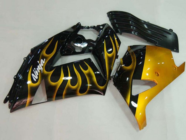 Carenado Moto Kawasaki ZX14R ZZR1400 2006-2011 - Negro Brillante Oro Llama