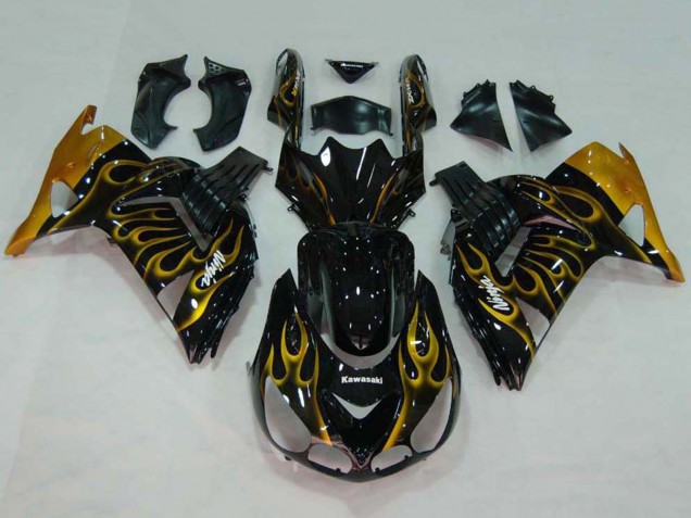 Carenado Moto Kawasaki ZX14R ZZR1400 2006-2011 - Negro Brillante Oro Llama