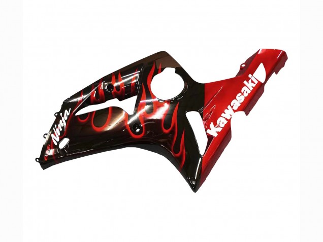 Carenado Moto Kawasaki ZX6R 2003-2004 - Negro Brillante Rojo Llama
