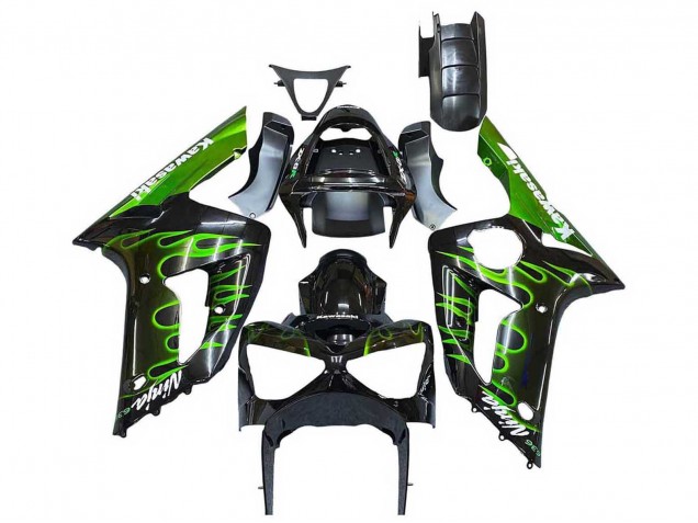 Carenado Moto Kawasaki ZX6R 2003-2004 - Negro Brillante Verde Llama