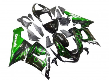 Carenados Moto Kawasaki ZX6R 2005-2006 - Negro Brillante Verde Llama