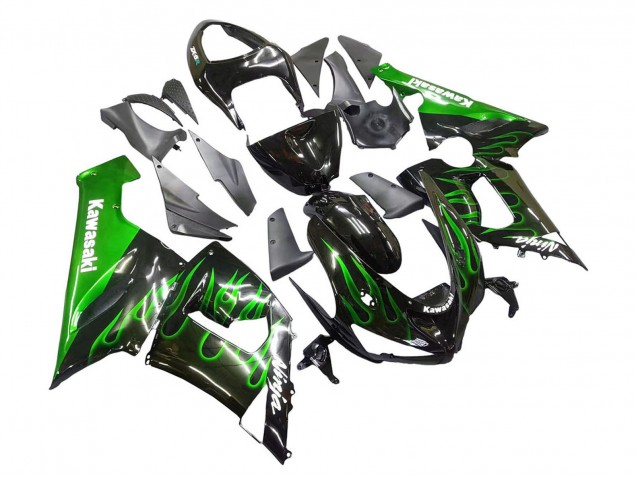 Carenados Moto Kawasaki ZX6R 2005-2006 - Negro Brillante Verde Llama