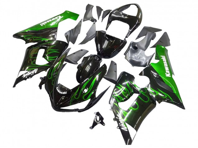 Carenados Moto Kawasaki ZX6R 2005-2006 - Negro Brillante Verde Llama