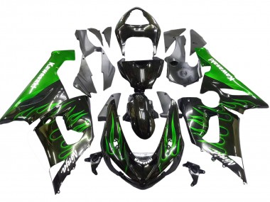 Carenados Moto Kawasaki ZX6R 2005-2006 - Negro Brillante Verde Llama