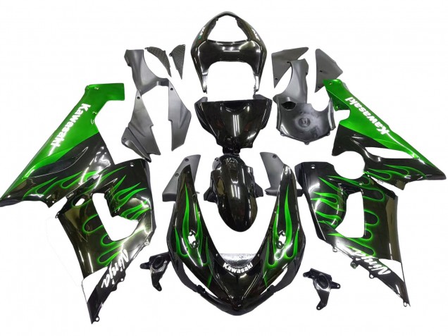 Carenados Moto Kawasaki ZX6R 2005-2006 - Negro Brillante Verde Llama