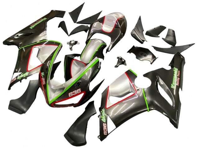 Carenado Moto Kawasaki ZX6R 2005-2006 - Negro Plata Verde Rojo K-26