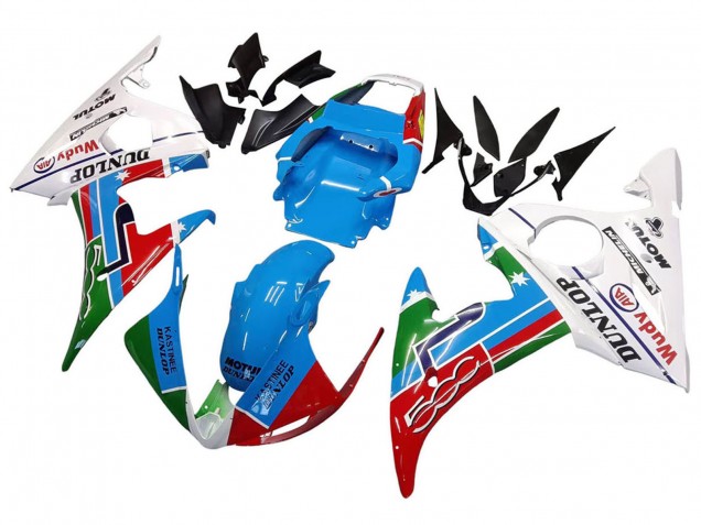 Carenado Moto Yamaha YZF R6S 2006-2009 - Blanco Azul Verde Rojo Kastinee Dunlop Motul