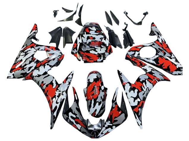 Carenado Moto Yamaha YZF 600 R6 2005 - Negro Rojo Gris Camouflage
