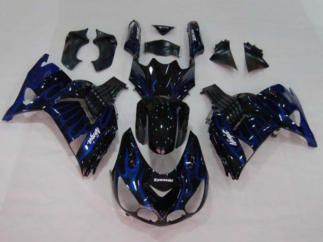 Carenado Moto Kawasaki ZX14R ZZR1400 2006-2011 - Negro Brillante Azul Llama