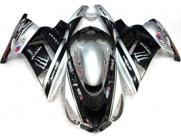 Carenado Moto Kawasaki ZX14R ZZR1400 2006-2011 - Plata Negro Elf Touch4 Monstruo Bridgestone