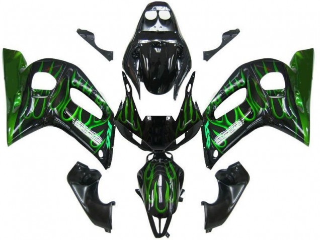 Carenado Moto Yamaha YZF 600 R6 1998-2002 - Negro Brillante Verde Llama