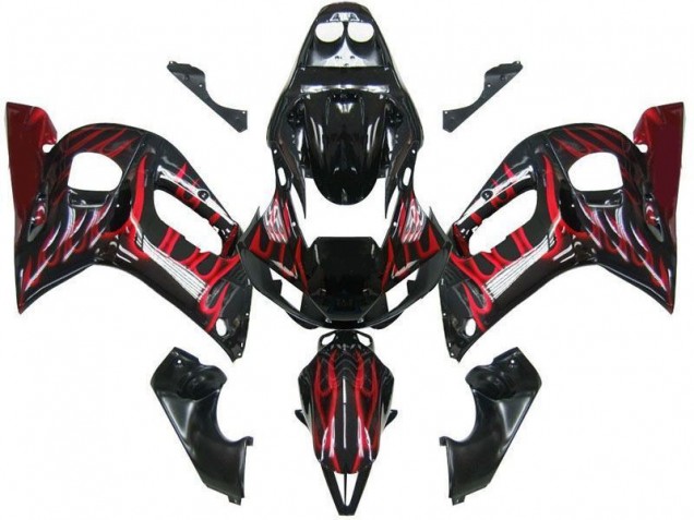 Carenado Moto Yamaha YZF 600 R6 1998-2002 - Negro Brillante Rojo Llama