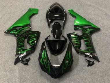 Carenado Moto Kawasaki ZX6R 2005-2006 - Negro Brillante Verde Llama