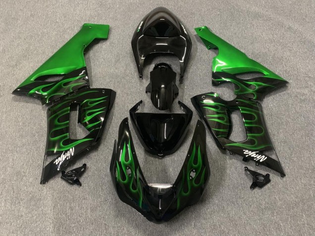 Carenado Moto Kawasaki ZX6R 2005-2006 - Negro Brillante Verde Llama