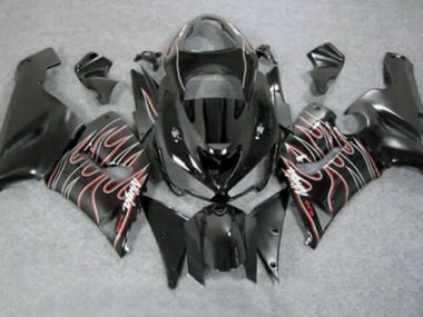 Carenado Moto Kawasaki ZX6R 2005-2006 - Negro Brillante Rojo Blanco Llama