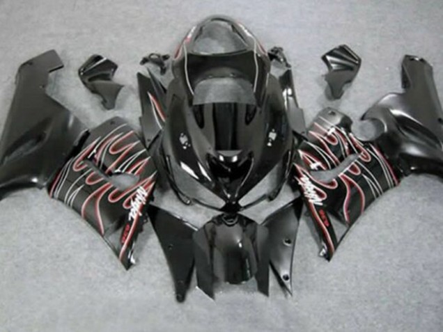 Carenado Moto Kawasaki ZX6R 2005-2006 - Negro Brillante Rojo Blanco Llama