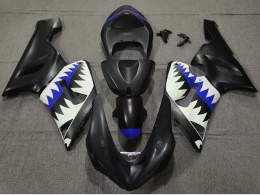 Carenado Moto Kawasaki ZX6R 2005-2006 - Negro Mate Blanco Azul Tiburón