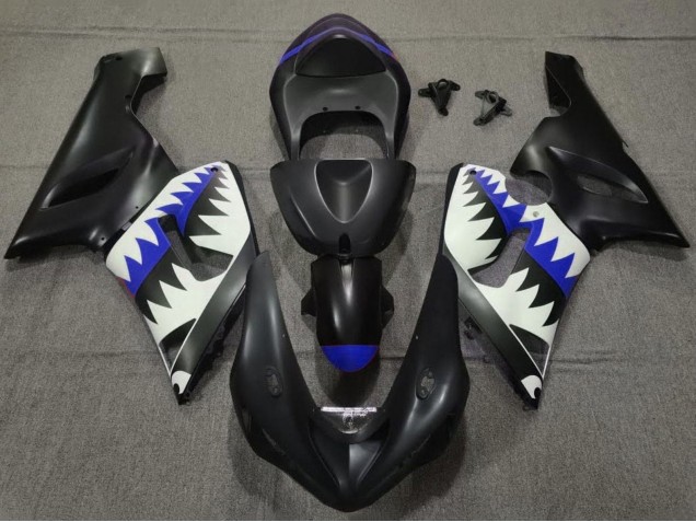 Carenado Moto Kawasaki ZX6R 2005-2006 - Negro Mate Blanco Azul Tiburón
