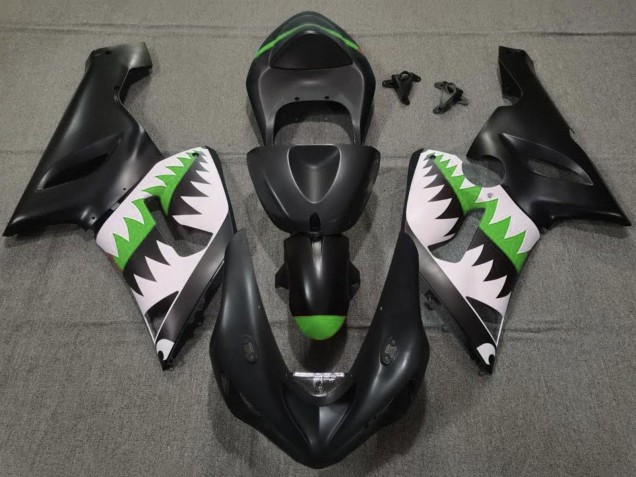 Carenado Moto Kawasaki ZX6R 2005-2006 - Negro Mate Blanco Verde Tiburón