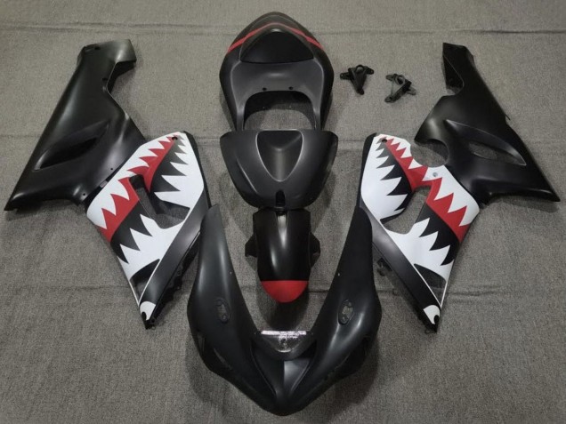 Carenado Moto Kawasaki ZX6R 2005-2006 - Negro Mate Blanco Rojo Tiburón
