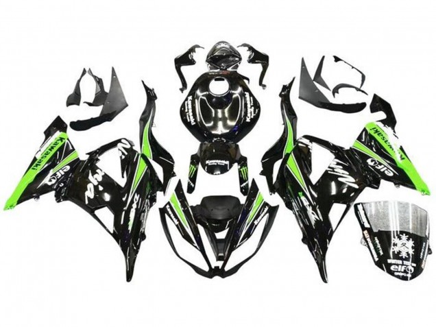 Carenado Moto Kawasaki ZX6R 2013-2018 - Negro Brillante Verde Blanco Monstruo Nieve