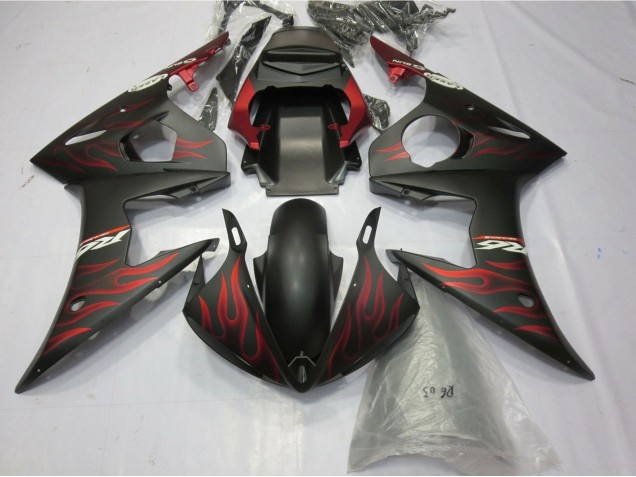 Carenado Moto Yamaha YZF R6 2005 - Negro Mate Rojo Mate Llama