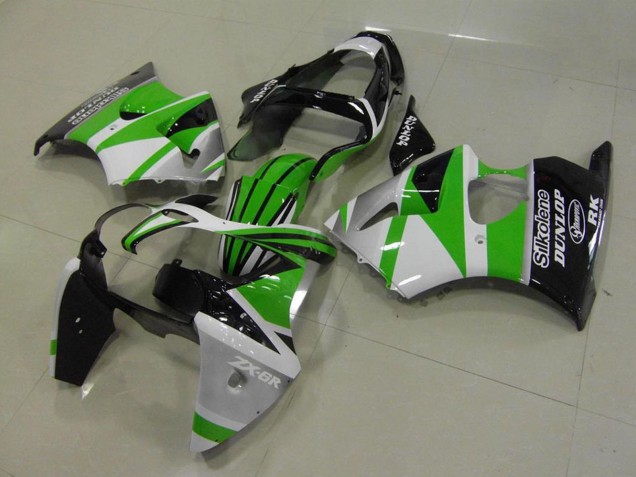 Carenado Moto Kawasaki ZX6R 2000-2002 - Blanco Verde Negro Brillante Raya Silkolene Dunlop
