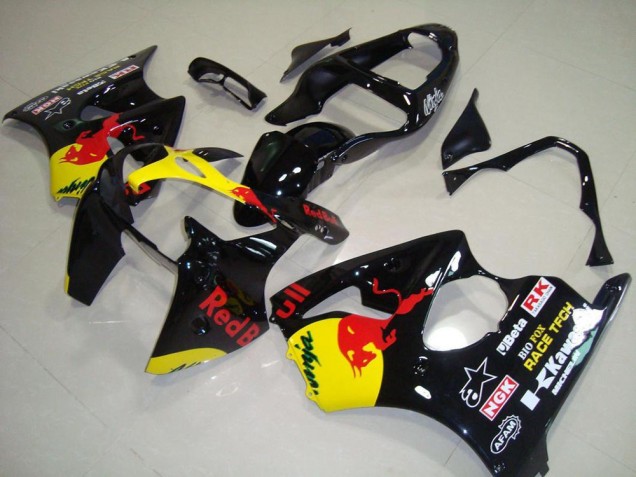 Carenado Moto Kawasaki ZX6R 2000-2002 - Negro Brillante Amarillo Rojo Bull