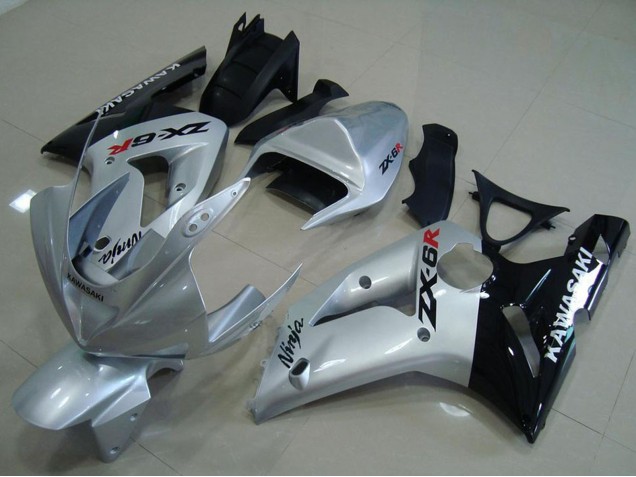Carenado Moto Kawasaki ZX6R 2003-2004 - Plata Negro Brillante