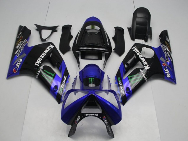 Carenado Moto Kawasaki ZX6R 2003-2004 - Negro Brillante Azul Verde Monstruo