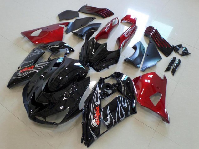Carenado Moto Kawasaki ZX14R ZZR1400 2006-2011 - Rojo Negro Brillante Plata Llama