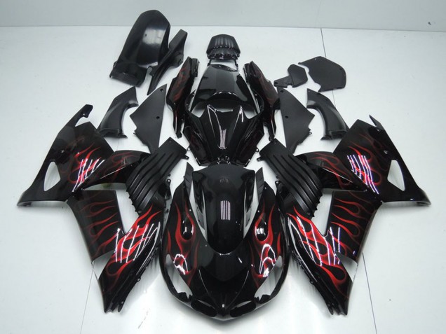 Carenado Moto Kawasaki ZX14R ZZR1400 2006-2011 - Negro Brillante Rojo Llama