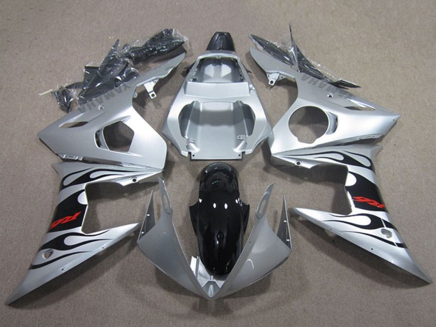 Carenado Moto Yamaha YZF R6 2003-2004 - Plata Negro Brillante Llama