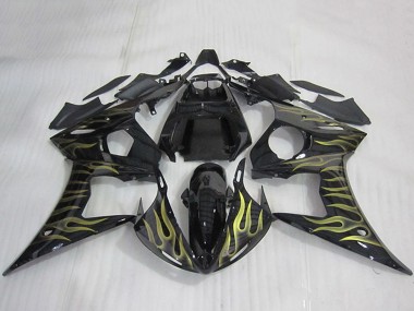 Carenado Moto Yamaha YZF R6 2003-2004 - Negro Brillante Oro Llama