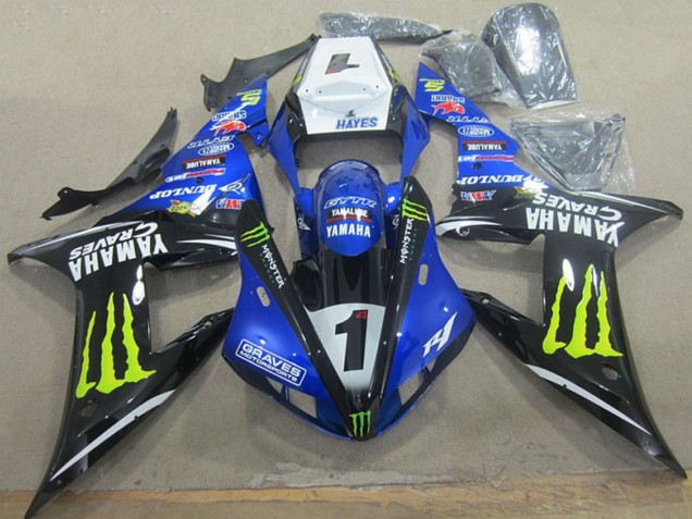Carenado Moto Yamaha YZF R1 2002-2003 - Blanco Azul Negro Neon Amarillo Monstruo Graves 1