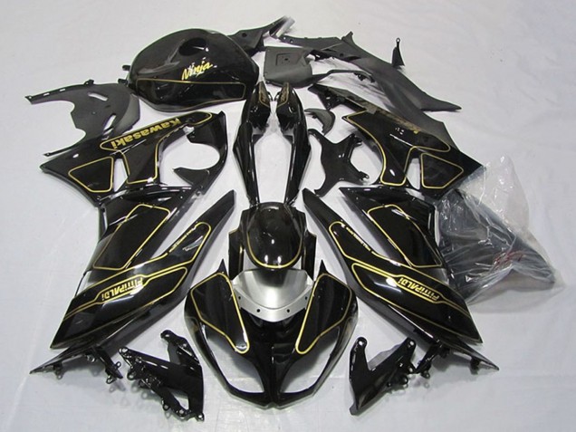 Carenado Moto Kawasaki ZX6R 2009-2012 - Negro Brillante Plata Oro