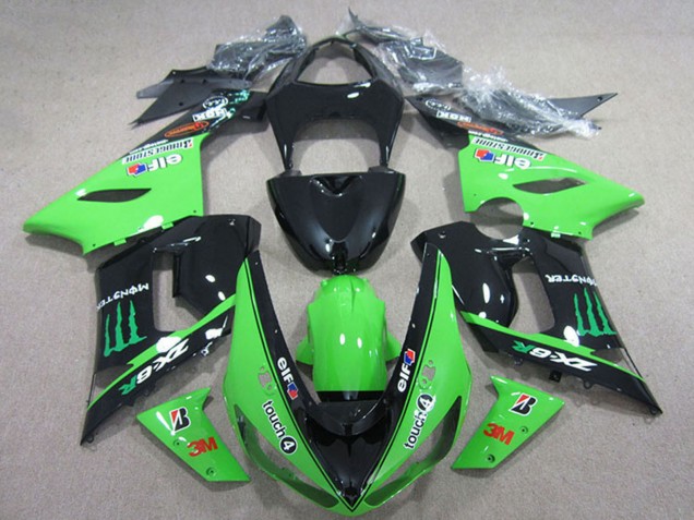 Carenado Moto Kawasaki ZX6R 2005-2006 - Negro Brillante Verde Elf Touch4 Bridgestone Monstruo