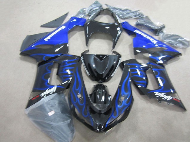 Carenado Moto Kawasaki ZX6R 2005-2006 - Negro Brillante Azul Llama