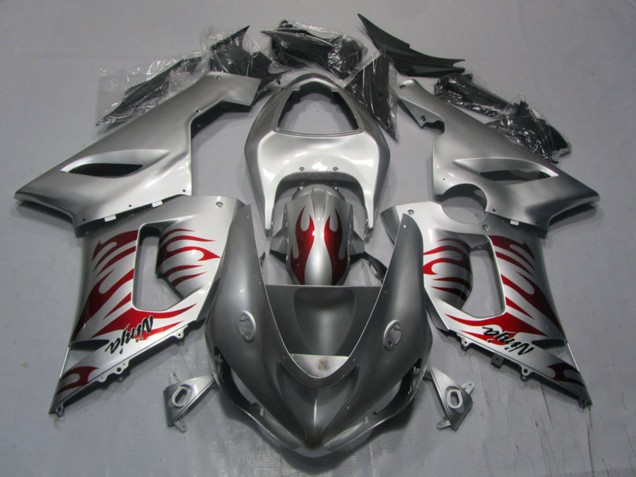 Carenado Moto Kawasaki ZX6R 2005-2006 - Plata Rojo Llama Ninja
